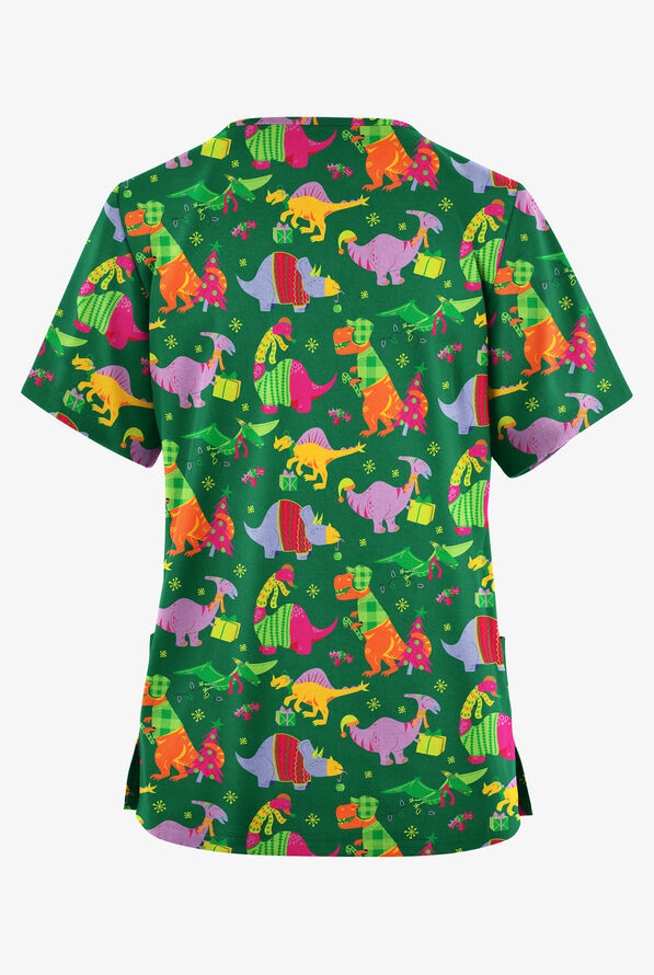 Butter-Soft Originals Santa Saurus Hunter Women's 2-Pocket Classic Fit V-Neck Print Scrub Top - null - 2