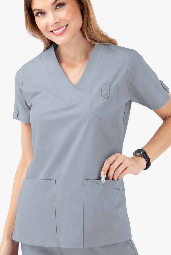 Butter-Soft STRETCH Women's 6-Pocket V-Neck Scrub Top - Silver - 5