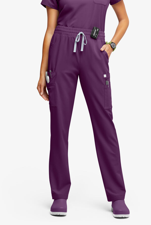 ReSurge Topaz Women's 11-Pocket Drawstring Scrub Pants - Petite - Eggplant - 1