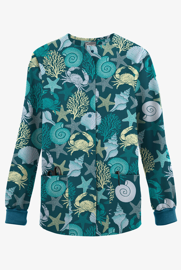 Butter-Soft Originals Beach Day Caribbean Blue Women's 3-Pocket Warm-Up Print Scrub Jacket - null - 1