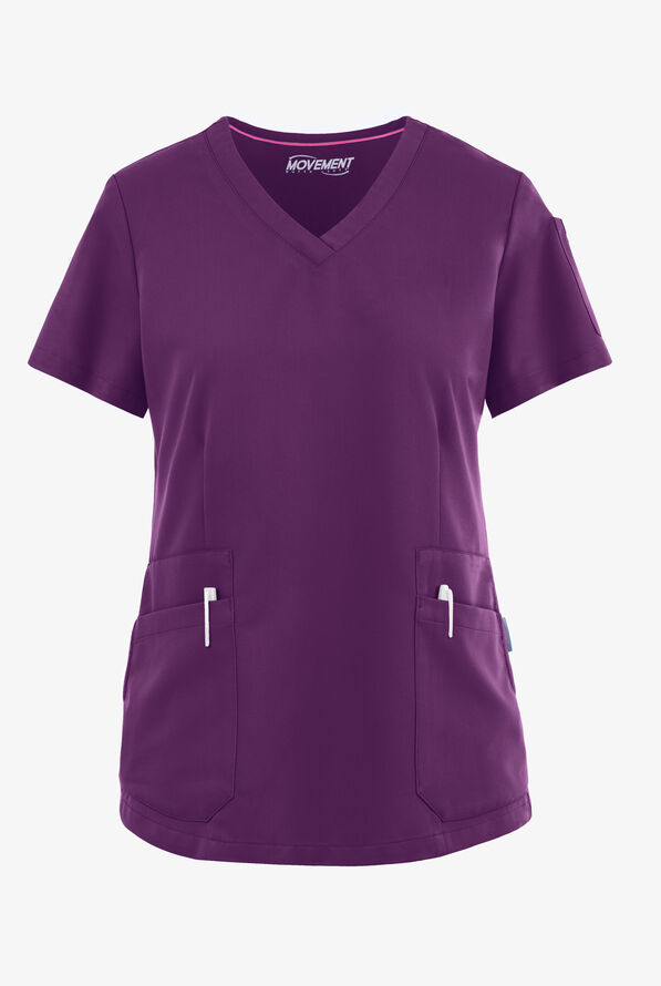 MOVEMENT by Butter-Soft STRETCH Antares Women's 6-Pocket V-Neck Scrub Top - Eggplant - 1