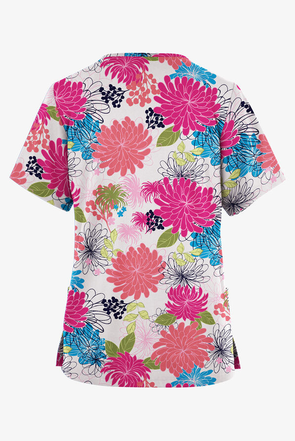 Butter-Soft Originals Floral Burst White Women's 2-Pocket V-Neck Print Scrub Top - null - 2