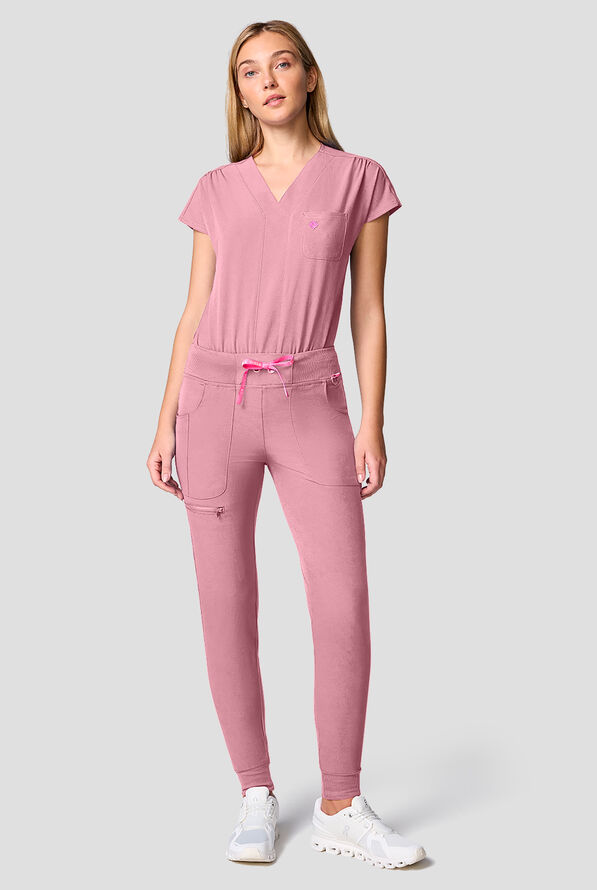 Med Couture Amp Women's 1-Pocket STRETCH Dolman Sleeve V-Neck Scrub Body Suit - Pixel Pink - 3