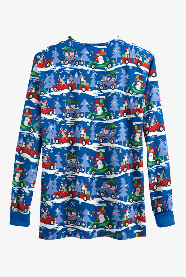 Butter-Soft Traveling with Santa Royal Women's 2-Pocket Print Scrub Jacket - null - 2