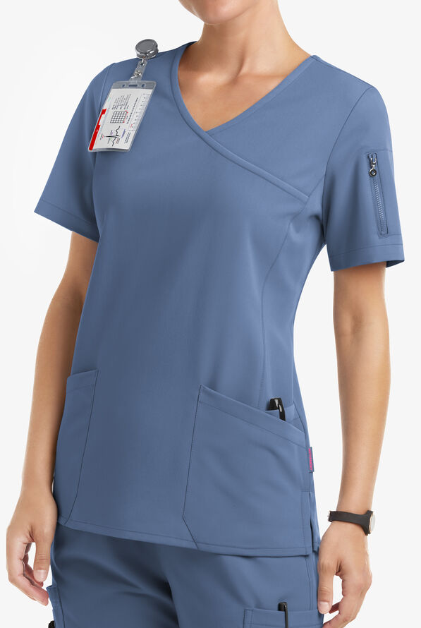 Blusa médica MOVEMENT by Butter-Soft Capella estilo cruzado con 5 bolsillos para mujer - Blue Horizon - 2