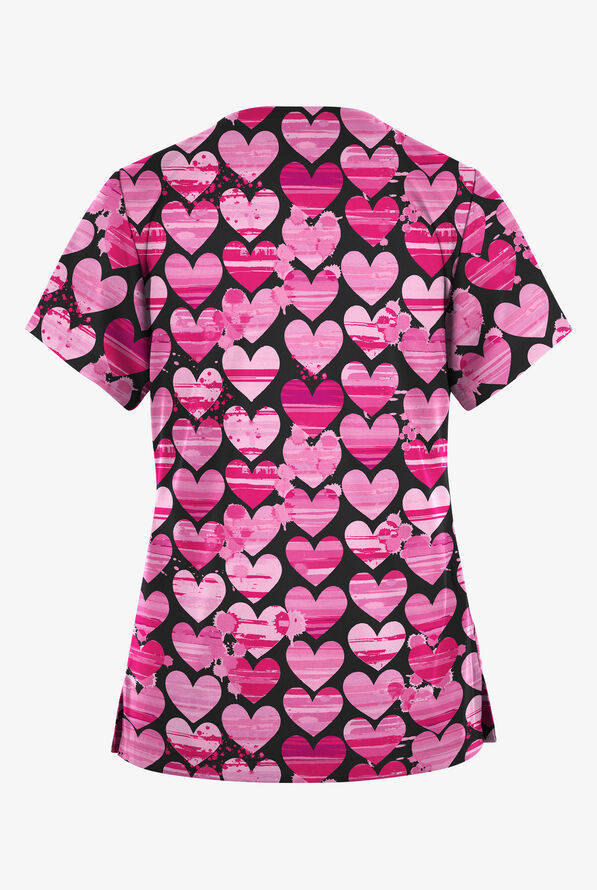 Butter-Soft Originals Painted Hearts Women's 2-Pocket V-Neck Print Scrub Top - null - 2