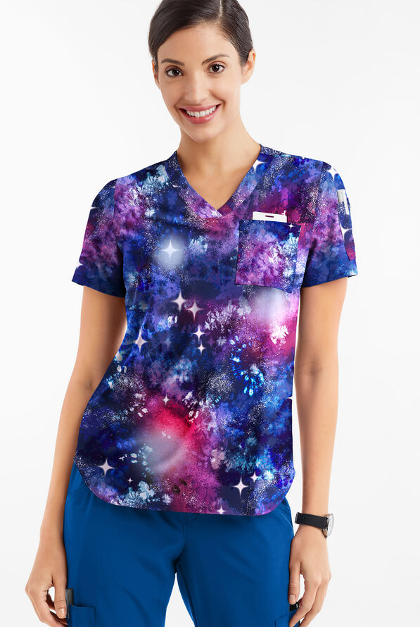 Easy STRETCH Cosmos Navy Women's 3-Pocket V-Neck Tuck-In Print Scrub Top - null - 2