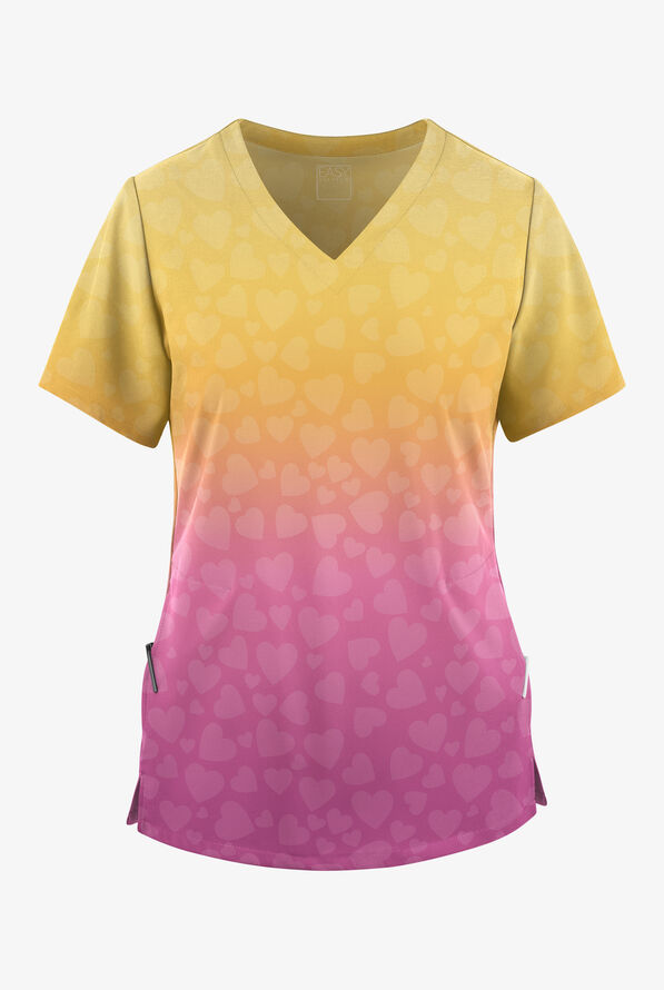 Easy STRETCH Hearts Glow Electric Fuchsia Women's V-Neck Print Scrub Top - null - 1