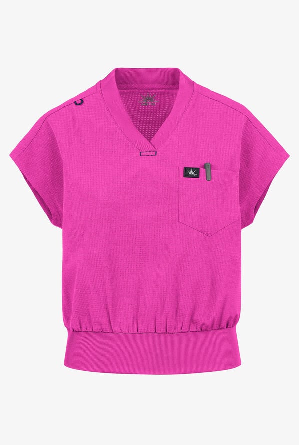 koi Solis Trinity Women's 1-Pocket STRETCH Banded Bottom Split V-Neck Scrub Top - Hibiscus - 1