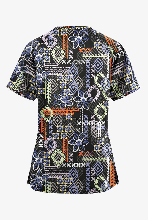 Butter-Soft Originals Floral Batik Women's 3-Pocket Raglan Sleeve Mock Wrap Print Scrub Top - null - 2