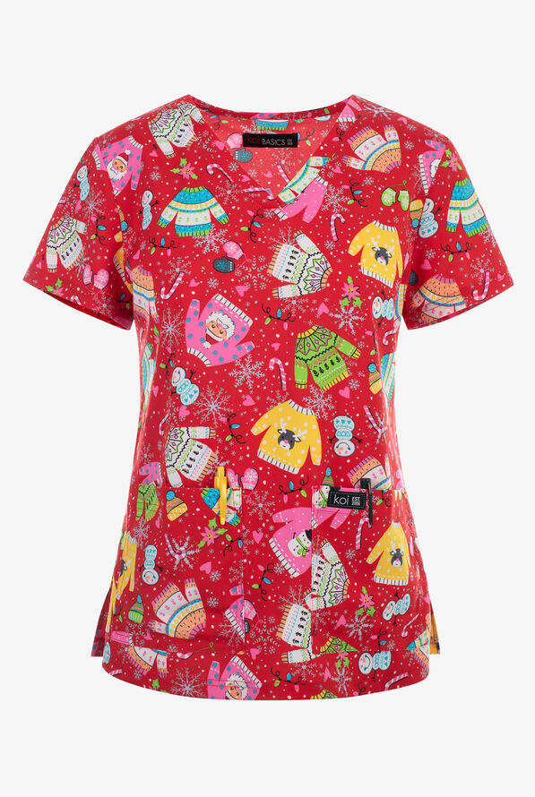 Blusa médica estampada koi Basics Ugly Sweater STRETCH con cuello en V y 2 bolsillos para mujer - null - 1
