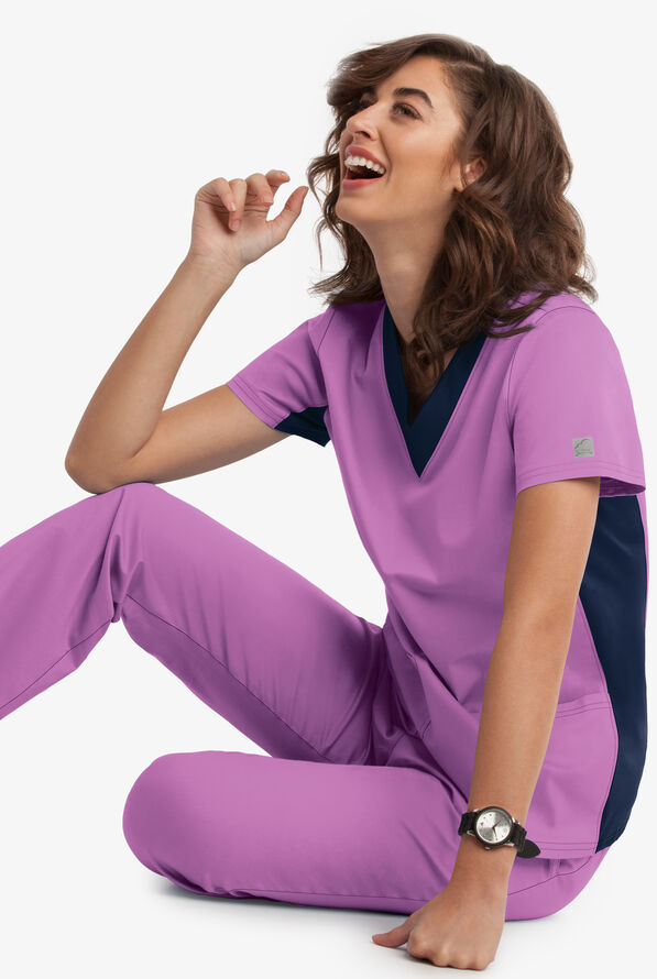 Butter-Soft STRETCH Women's 3-Pocket Contrast Scrub Top - Orchid/Navy - 3