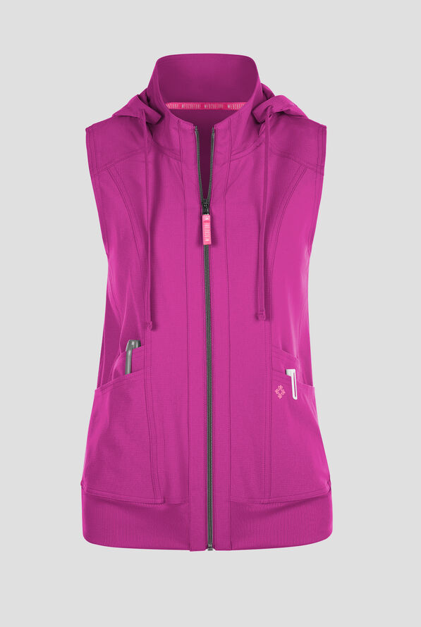 Med Couture Amp Women's 4-Pocket STRETCH Zip Front Removable Hoodie Scrub Vest - Plum Royale - 1