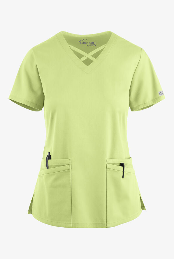 Butter-Soft STRETCH Women's 4-Pocket Crisscross Scrub Top - Cool Matcha - 1