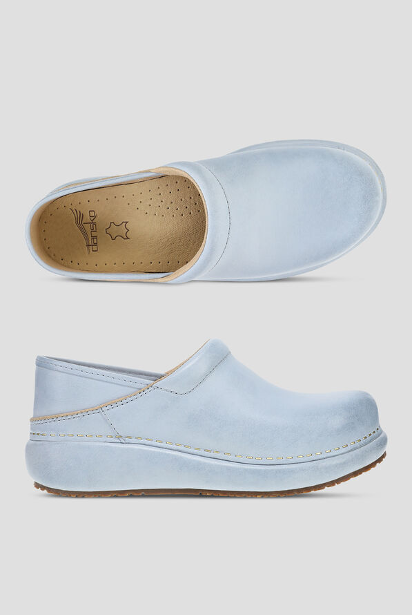 Dansko Women's Platform Pro Slip-Resistant Sky Distressed Leather Clogs - Sky Blue - 1