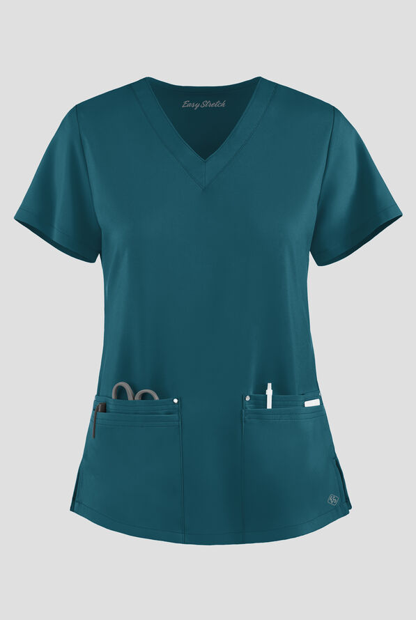 Easy STRETCH Lina Mitered Women's 4-Pocket V-Neck Scrub Top - Caribbean Blue - 1