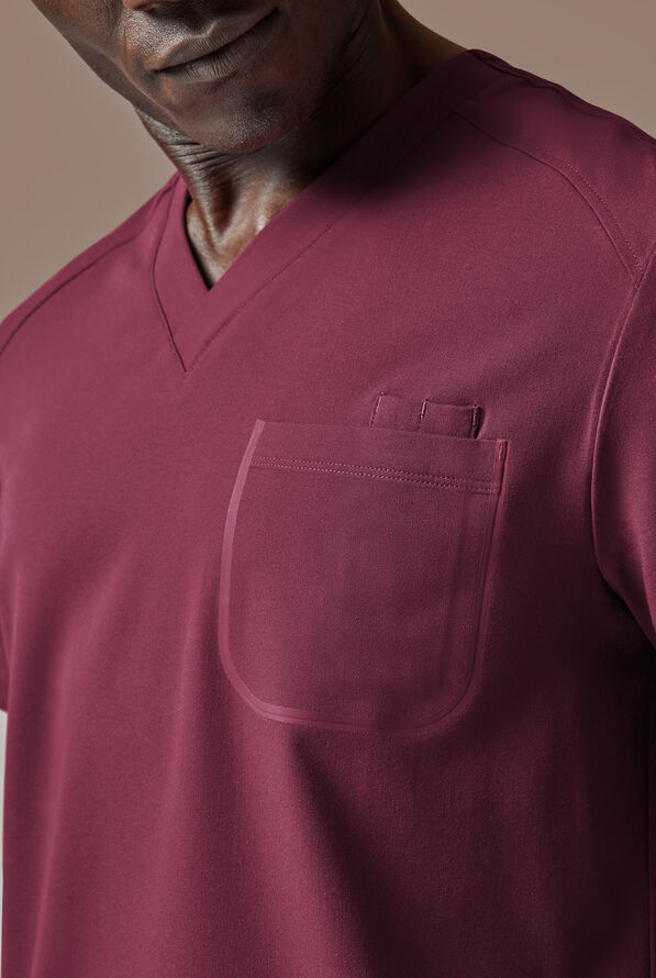 Hypothesis System Men’s 3-Pocket V-Neck Tuck In/Wear Out Scrub Top - Wine - 4