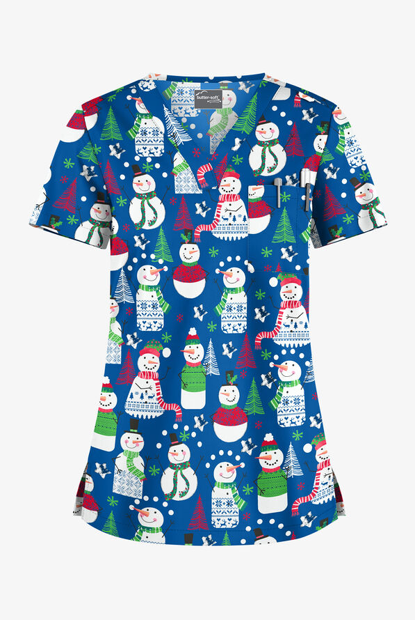 Butter-Soft Juggling Snowman Royal Women's 1-Pocket V-Neck Tuck-In Print Scrub Top - null - 1