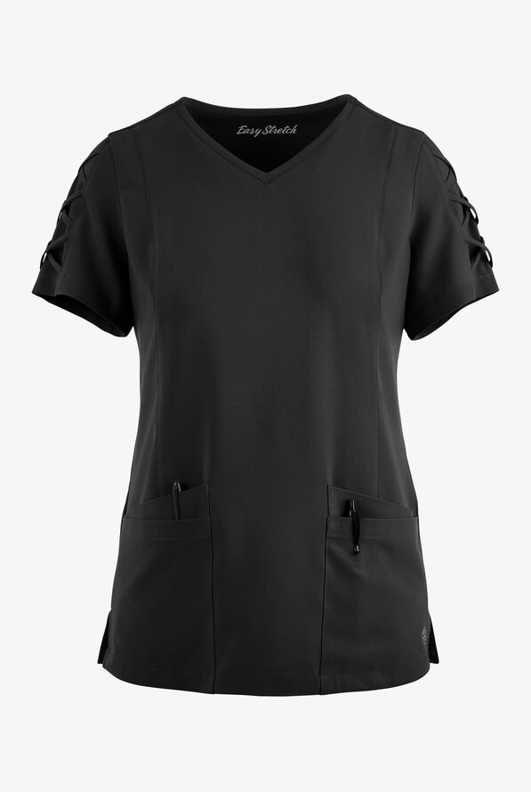 Easy STRETCH Kylie Woman's 5 Pocket V-Neck With Criss-Cross Detail Scrub Top - Onyx Black - 1