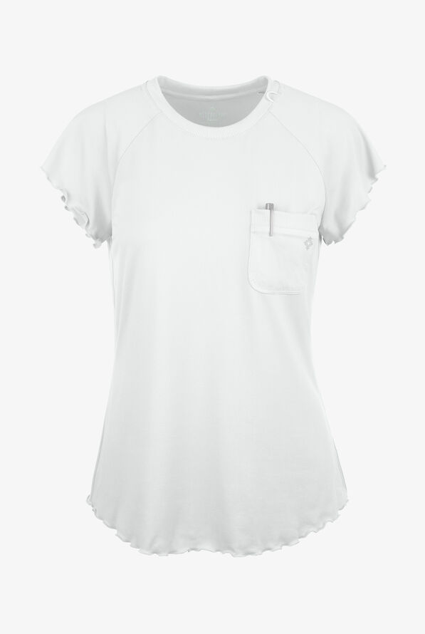 Med Couture Layers Women's 1-Pocket STRETCH Tuck In Lettuce-Edge Short Sleeve Knit Underscrub - White - 1