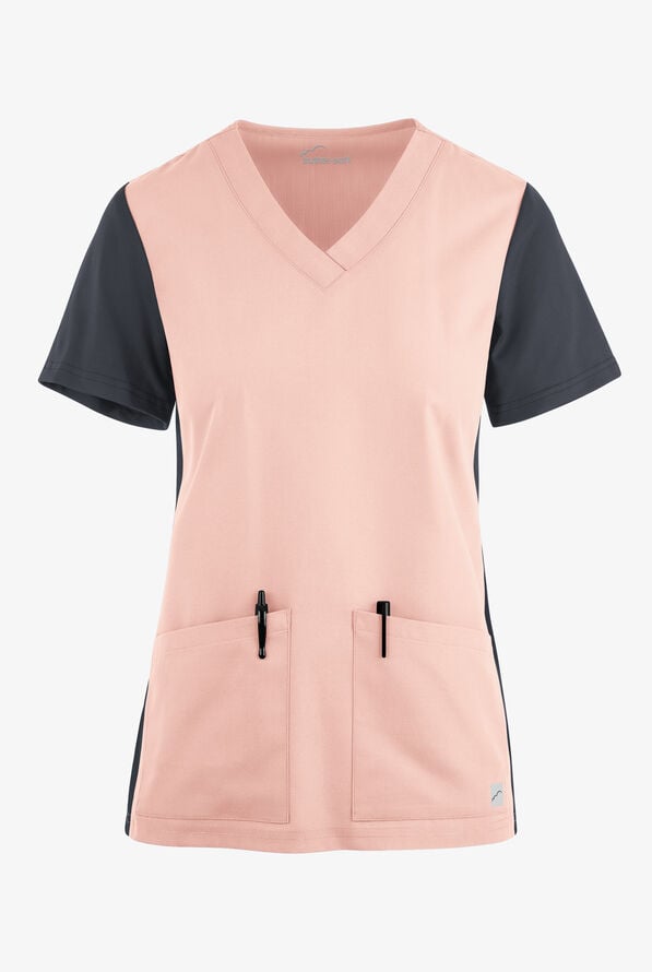 Butter-Soft Core Women's 3-Pocket Knit Panel V-Neck Scrub Top - Lotus/Pewter - 1