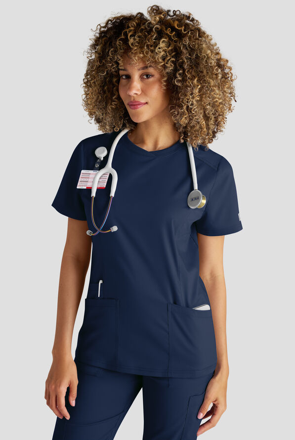 Butter-Soft STRETCH FLXTEK+ Women's 3-Pocket Crew Neck Scrub Top - Navy - 1