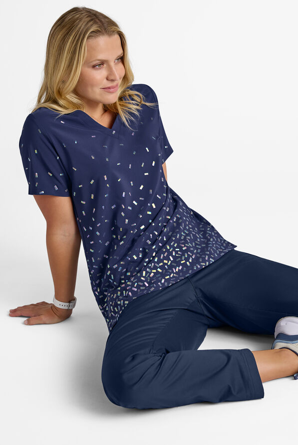 Butter-Soft STRETCH Funfetti Navy Women's V-Neck Print Scrub Top - null - 5