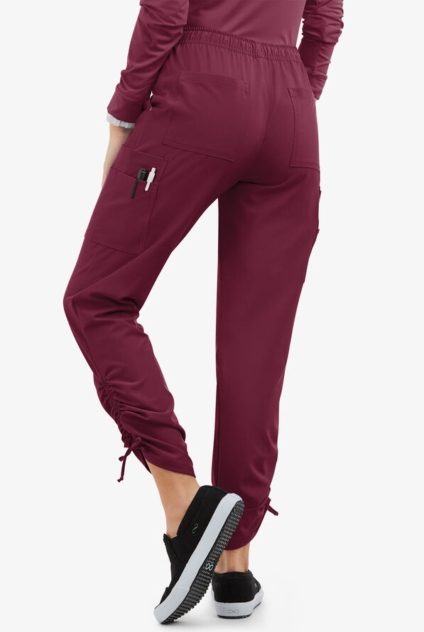 Easy STRETCH Halle Women's 11-Pocket Ruched Leg Jogger Scrub Pants - Wine - 4
