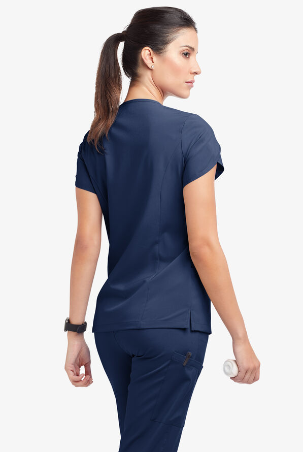 Easy STRETCH Daisy Women's 4-Pocket V-Neck Scrub Top with Petal Sleeves - Navy - 4