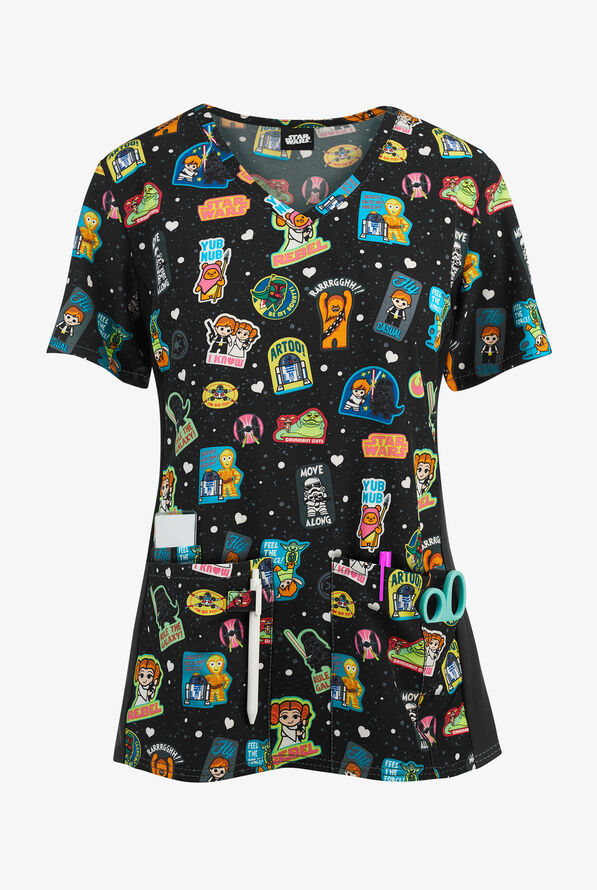 Cherokee Tooniforms Star Wars Rule the Galaxy V-Neck Stretch Knit Panel Print Scrub Top - null - 1