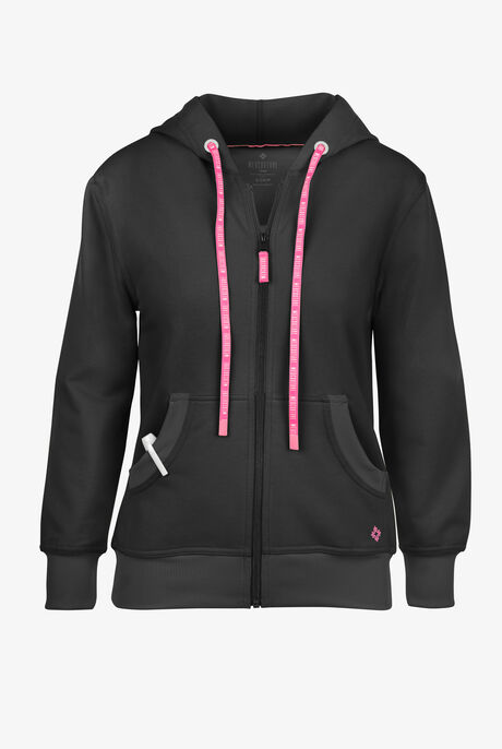 Med Couture Amp Women's 2-Pocket STRETCH Knit Embossed Logo Zip Hoodie Scrub Jacket