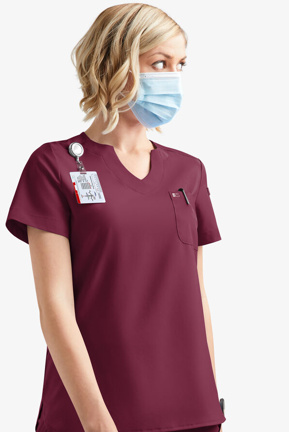 Easy STRETCH Nikki Women's 1-Pocket Scallop Neck Tuck-In Scrub Top - Wine - 7