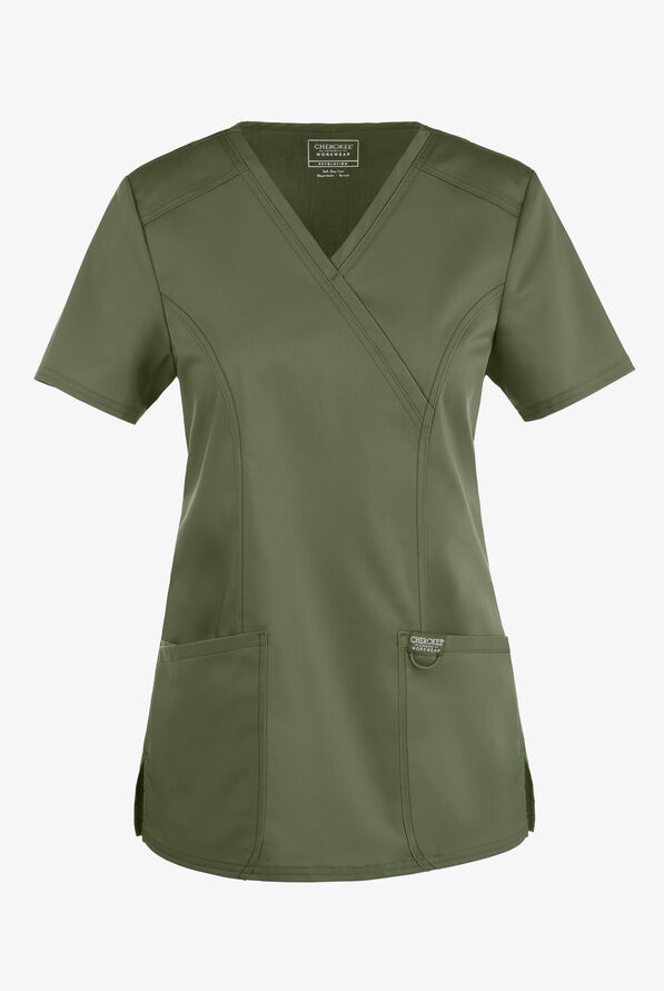 Cherokee Workwear Revolution Women's 2-Pocket STRETCH Mock Wrap Scrub Top - Olive - 1