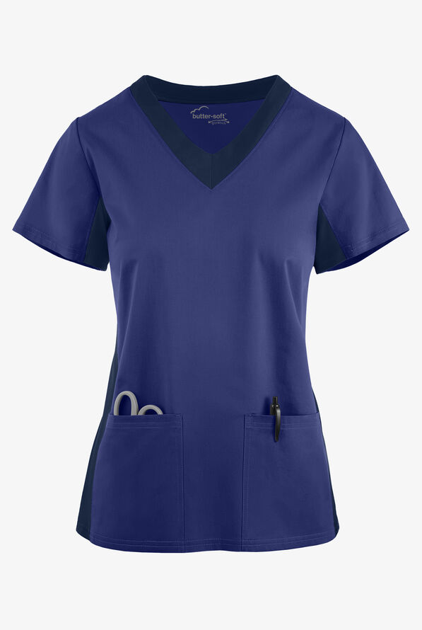 Butter-Soft STRETCH Women's 3-Pocket Contrast Scrub Top - Galaxy/Navy - 1