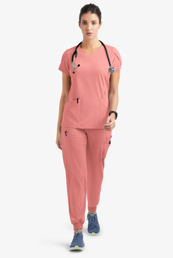 Easy STRETCH Daisy Women's 4-Pocket V-Neck Scrub Top with Petal Sleeves - Autumn Coral - 2
