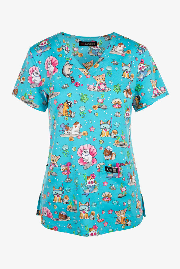 koi Basics Critters Under The Sea Women's 2-Pocket STRETCH V-Neck Print Scrub Top - null - 1