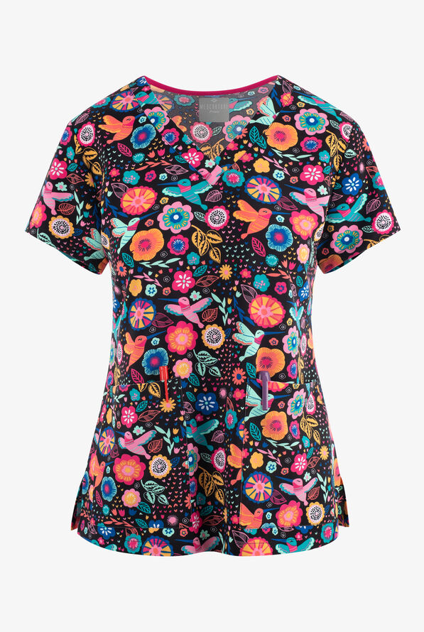 Med Couture Fiesta Birds Floral Women's 2-Pocket STRETCH V-Neck Print Scrub Top - null - 1