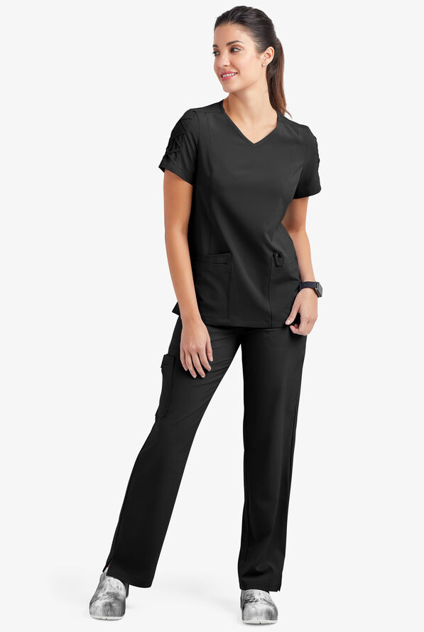 Easy STRETCH Kylie Woman's 5 Pocket V-Neck With Criss-Cross Detail Scrub Top - Onyx Black - 2