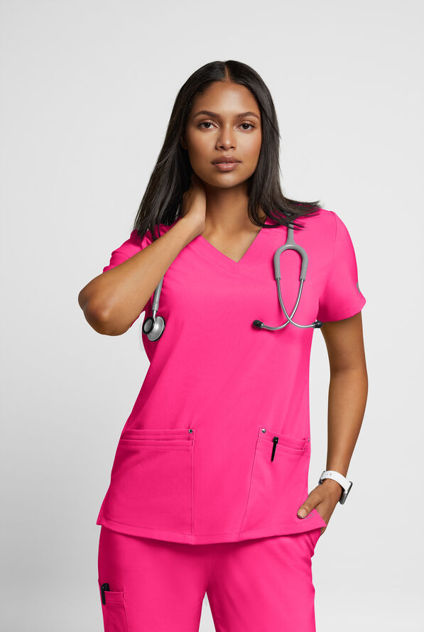 Easy STRETCH Lina Mitered Women's 4-Pocket V-Neck Scrub Top - Reactive Pink - 2