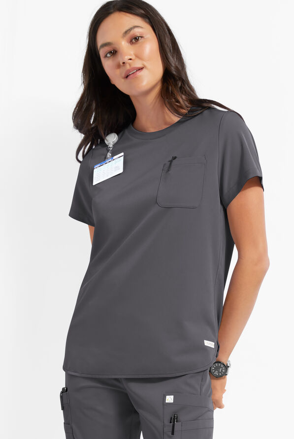 ReSurge Citrine Women's 1-Pocket Crew Neck Tuck In / Wear Out Scrub Top - Pewter - 2