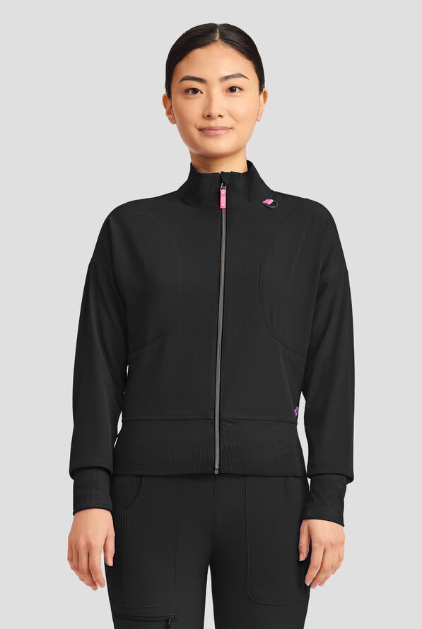 Med Couture Amp Women's 2-Pocket STRETCH Zip Front Warm Up Scrub Jacket - Black - 2