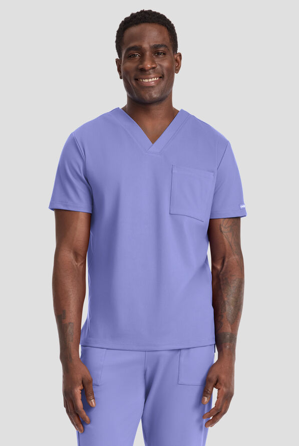 Cherokee Achieve Men's 1-Pocket STRETCH V-Neck Knit Scrub Top - Ceil Blue - 2