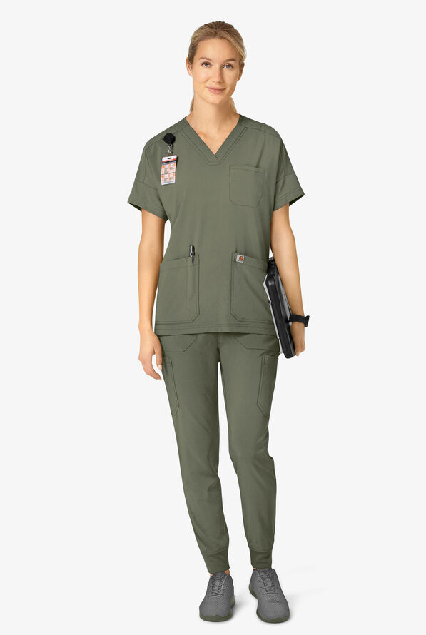 Carhartt Cross-Flex Force Women's 8-Pocket STRETCH Knit Cuff Cargo Jogger Scrub Pants - Petite - Olive - 4