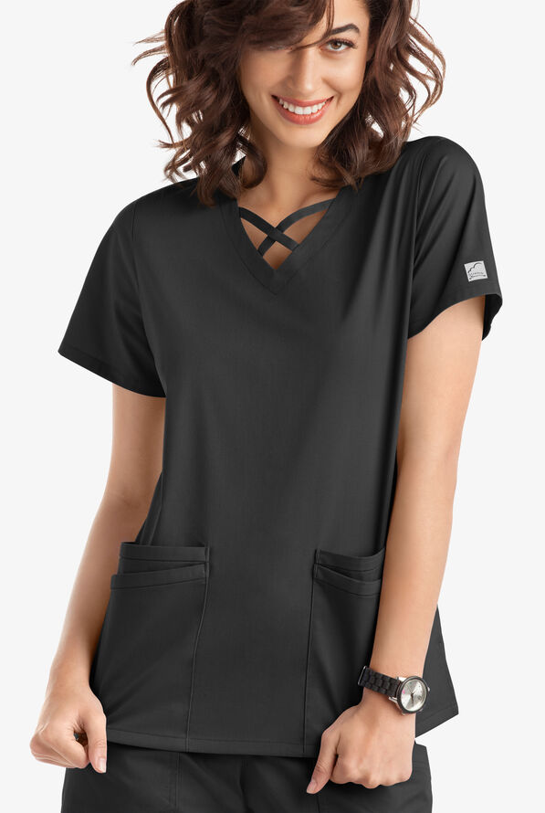 Butter-Soft STRETCH Women's 4-Pocket Crisscross Scrub Top - Black - 2