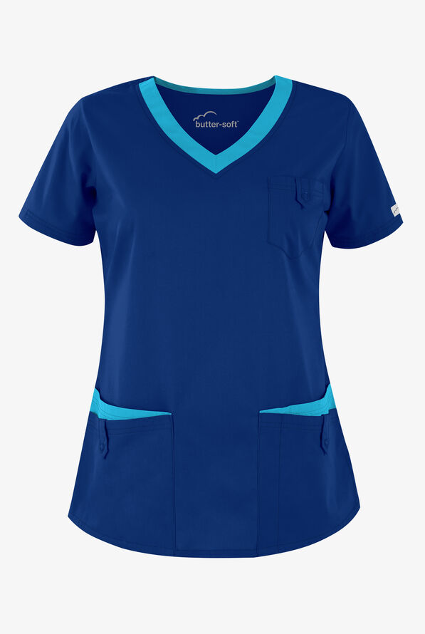 Butter-Soft Core Women's 5-Pocket Rounded V-Neck Scrub Top - Galaxy/Turquoise - 1