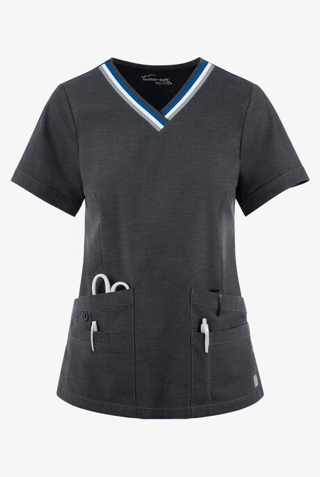 Butter-Soft STRETCH Women's 5-Pocket Short Sleeve V-Neck with Sport Trim Detail Scrub Top