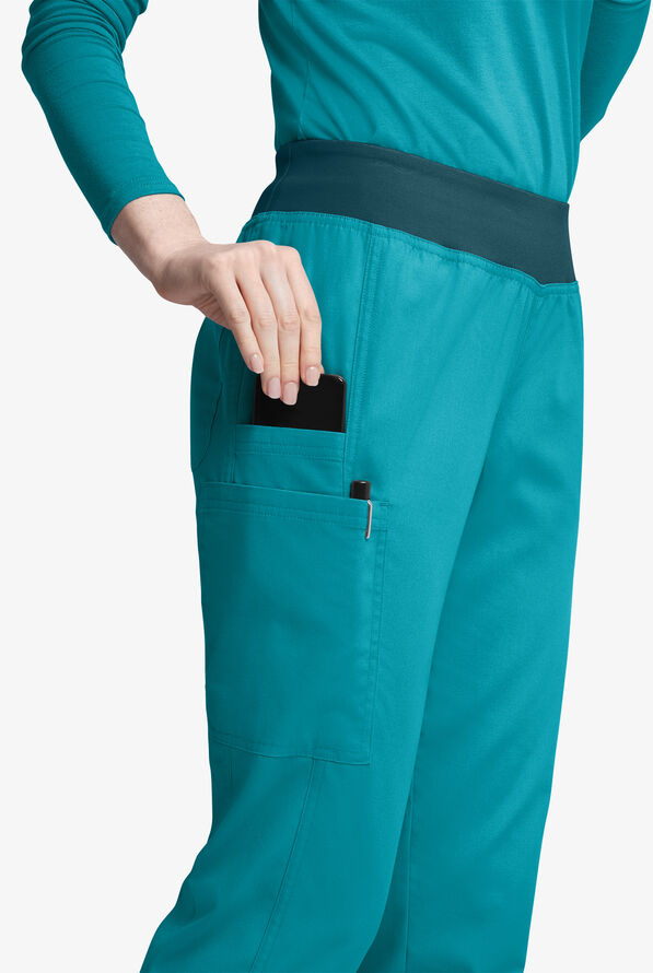 Butter-Soft Originals Women's 5-Pocket Mid Rise Tapered Leg Yoga-inspired Scrub Pants - Petite - Teal/Caribbean Blue - 2