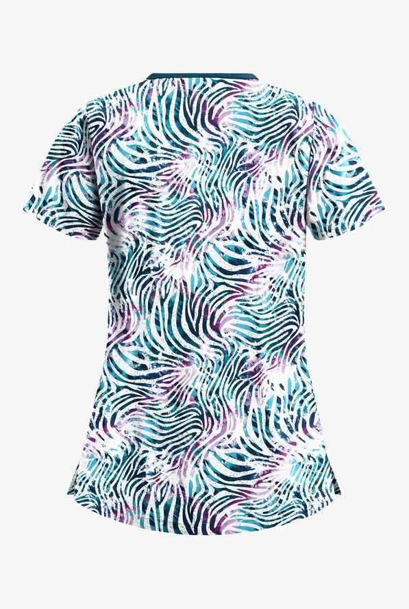 Butter-Soft Abstract Zebra Navy Women's 3-Pocket Criss Cross Print Scrub Top - null - 2