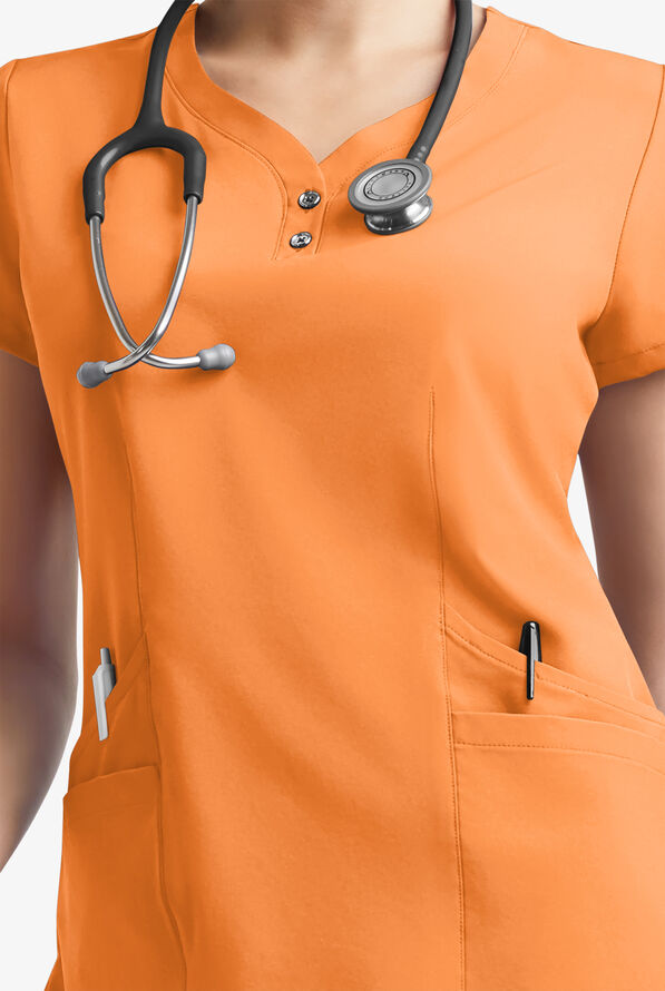 Easy STRETCH Demi Women's 4-Pocket Henley Scrub Top - Apricot Crush - 4