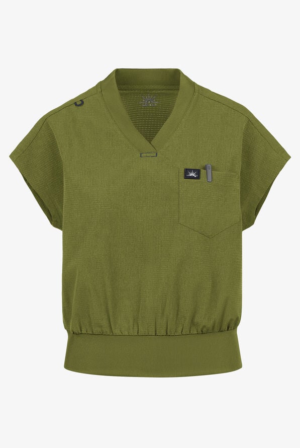 koi Solis Trinity Women's 1-Pocket STRETCH Banded Bottom Split V-Neck Scrub Top - Martini Olive - 1